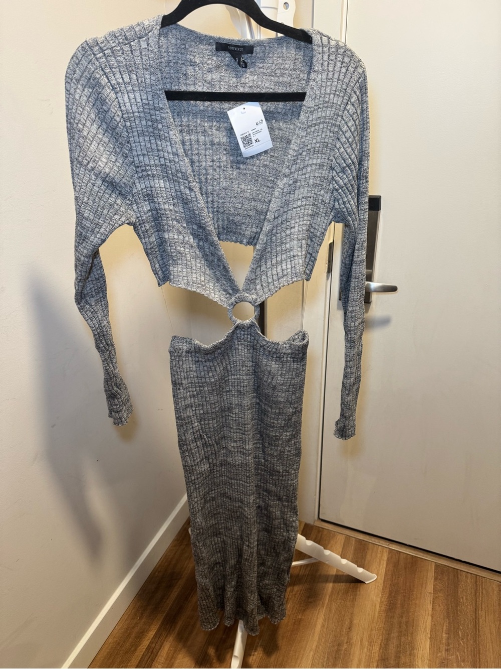 Women's Gray Ribbed Cutout Sweater Dress -